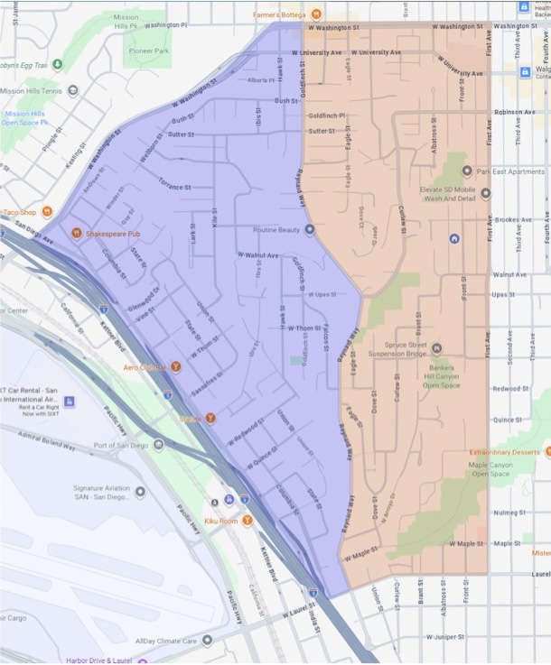 Map of the West Uptown United area. An orange boundary marks the current WUU area; a blue boundary marks potential future expansion to the west.